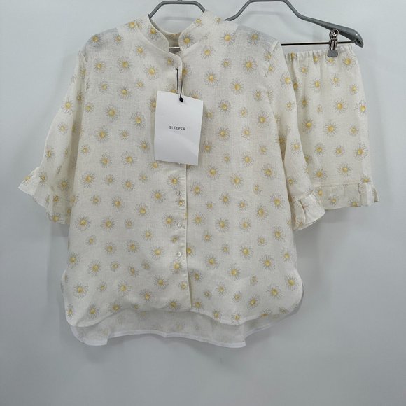 Sleeper Other - Sleeper Linen Lounge Suit sz M Daisies Button Down Shirt & Shorts Pajama Set NWT